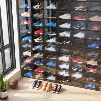 Decopatent - Schoenen Opbergsysteem Schoenenbox - Schoenendoos Black - Sneakerbox - Shoebox - Schoenen opbergen -  Stapelbaar - Display doos voor Sneakers & Pumps - Organizer - Collector Storagebox Display - Kleur: ZWART - 1 Stuk