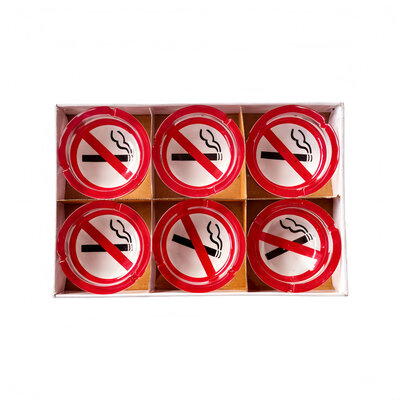 Decopatent - 6 Stuks Glazen Asbak Rond 13 Cm - NO SMOKING / Verboden te Roken Design - Stevig Glas - Asbak voor Binnen en Buiten gebruik - Stijlvolle Ronde Asbak - Voordeelverpakking - Afm: 13 x 13 x 4.5 Cm.