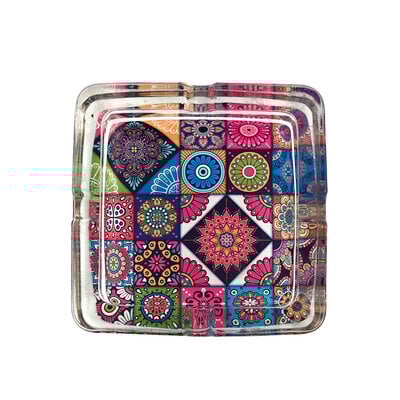 Decopatent - 4 Stuks Luxe Glazen Asbakken Vierkant 13.5 Cm - MANDALA / MOZAIEK Design - Stevig Glas - Vierkante Asbak voor Binnen en Buiten gebruik - Stijlvolle Ronde Asbak - Voordeelverpakking - Afm: 13.5 x 13.5 x 4.2 Cm.