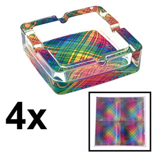 Decopatent - 4 Stuks Luxe Glazen Asbakken Vierkant 13.5 Cm - Kleurrijk MOZAIEK Design - Stevig Glas - Vierkante Asbak voor Binnen en Buiten gebruik - Stijlvolle Ronde Asbak - Voordeelverpakking - Afm: 13.5 x 13.5 x 4.2 Cm.