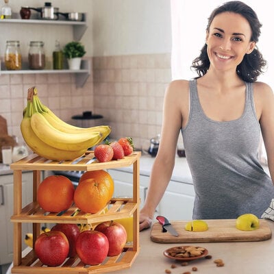 Decopatent - 3 Laags Hoek Keuken Opbergrek - Staand Rek met 3 etages voor Keuken - Corner Keukenrek - Hoekrek - Bamboe Hout - Afm 25 x 25 x 25 Cm.