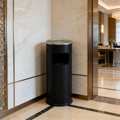 Decopatent - Staande Asbak met RVS Afvalbak - Rond - Asbak Voor Buiten - Vloerasbak - Buitenasbak Groot - Rookpaal - Asbakken - Afm: 25 x 25 x 59.5 Cm. - Kleur: Zwart