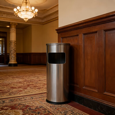 Decopatent - Staande Asbak met RVS Afvalbak - Rond - Asbak Voor Buiten - Vloerasbak - Buitenasbak Groot - Rookpaal - Asbakken - Afm: 25 x 25 x 60,5 Cm. - Kleur: Zilver