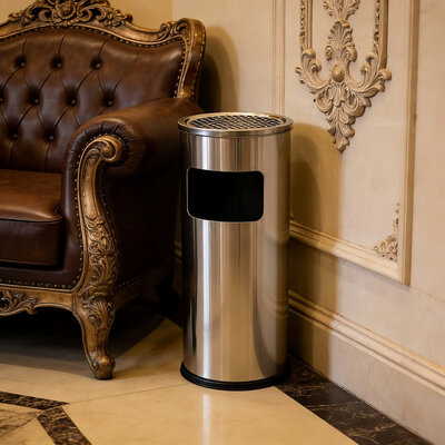 Decopatent - Staande Asbak met RVS Afvalbak - Rond - Asbak Voor Buiten - Vloerasbak - Buitenasbak Groot - Rookpaal - Asbakken - Afm: 25 x 25 x 60,5 Cm. - Kleur: Zilver