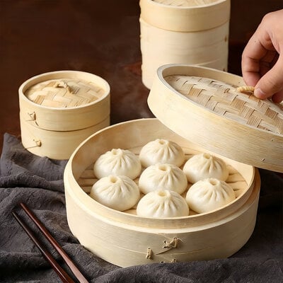 Decopatent - 3 Delig Stoommandje met deksel  - Ø18 Cm - Bamboe Hout - Rijst Stoommanden - Stomer - Steamer Cooker - Dim Sum Stoomschaal