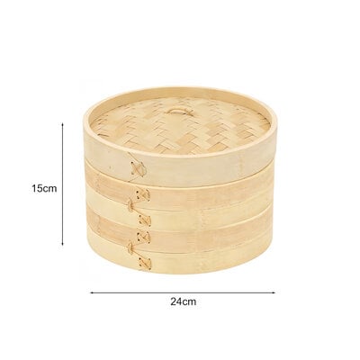 Decopatent - 3 Delig Stoommandje met deksel  - Ø24 Cm - Bamboe Hout - Rijst Stoommanden - Stomer - Steamer Cooker - Dim Sum Stoomschaal
