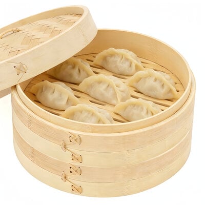 Decopatent - 3 Delig Stoommandje met deksel  - Ø24 Cm - Bamboe Hout - Rijst Stoommanden - Stomer - Steamer Cooker - Dim Sum Stoomschaal