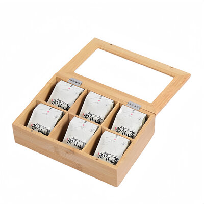Decopatent - Theedoos 6 vaks - Design theedoos met doorzichtig venster - Theebox met Optil deksel - Theedoos / Opbergdoos - Bamboe Hout - 6 vakken theekist