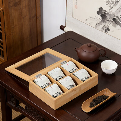 Decopatent - Theedoos 6 vaks - Design theedoos met doorzichtig venster - Theebox met Optil deksel - Theedoos / Opbergdoos - Bamboe Hout - 6 vakken theekist