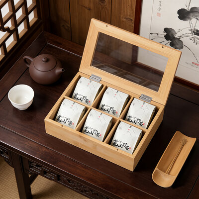 Decopatent - Theedoos 6 vaks - Design theedoos met doorzichtig venster - Theebox met Optil deksel - Theedoos / Opbergdoos - Bamboe Hout - 6 vakken theekist