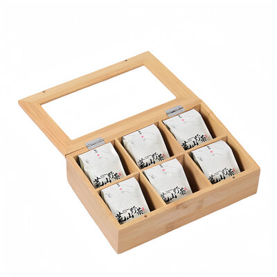 Decopatent - Theedoos 6 vaks - Design theedoos met doorzichtig venster - Theebox met Optil deksel - Theedoos / Opbergdoos - Bamboe Hout - 6 vakken theekist