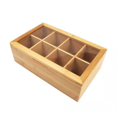Decopatent - Theedoos 8 vaks - Design theedoos met doorzichtig venster - Theebox met Optil deksel - Theedoos / Opbergdoos - Bamboe Hout - 8 vakken theekist