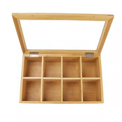 Decopatent - Theedoos 8 vaks - Design theedoos met doorzichtig venster - Theebox met Optil deksel - Theedoos / Opbergdoos - Bamboe Hout - 8 vakken theekist