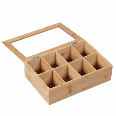 Decopatent - Theedoos 8 vaks - Design theedoos met doorzichtig venster - Theebox met Optil deksel - Theedoos / Opbergdoos - Bamboe Hout - 8 vakken theekist