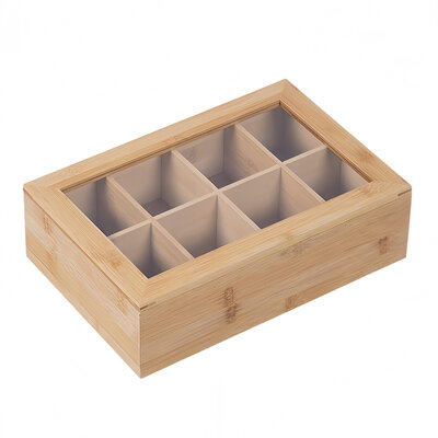 Decopatent - Theedoos 8 vaks - Design theedoos met doorzichtig venster - Theebox met Optil deksel - Theedoos / Opbergdoos - Bamboe Hout - 8 vakken theekist