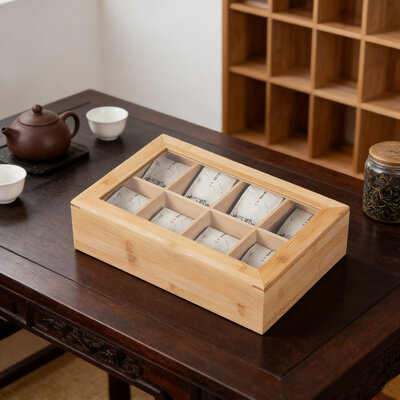 Decopatent - Theedoos 8 vaks - Design theedoos met doorzichtig venster - Theebox met Optil deksel - Theedoos / Opbergdoos - Bamboe Hout - 8 vakken theekist