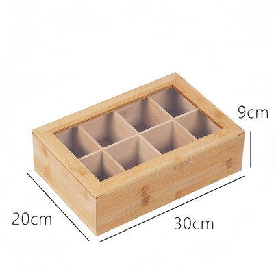 Decopatent - Theedoos 8 vaks - Design theedoos met doorzichtig venster - Theebox met Optil deksel - Theedoos / Opbergdoos - Bamboe Hout - 8 vakken theekist