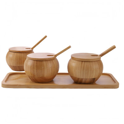 Decopatent - 4-Delige Bamboe Kruidenpot Set met Lepels en Dienblad - Luxe Specerijen Potjes met Deksel - Keuken Organizer Afm: 29.6 x 11 x 6 Cm.
