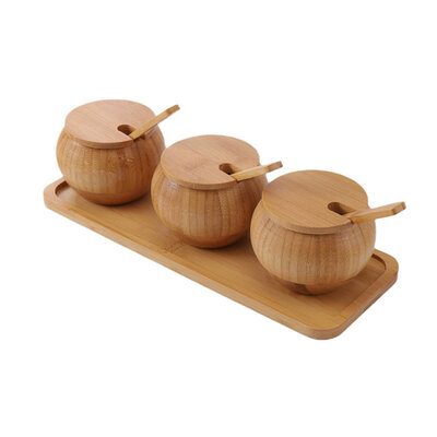 Decopatent - 4-Delige Bamboe Kruidenpot Set met Lepels en Dienblad - Luxe Specerijen Potjes met Deksel - Keuken Organizer Afm: 29.6 x 11 x 6 Cm.