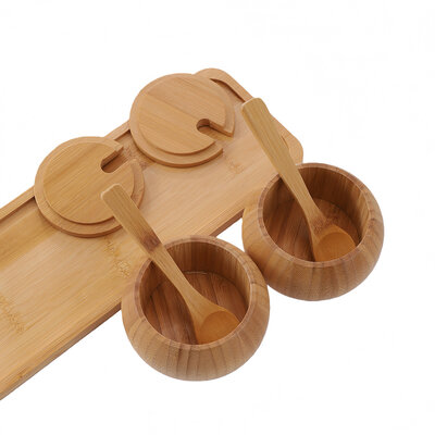 Decopatent - 4-Delige Bamboe Kruidenpot Set met Lepels en Dienblad - Luxe Specerijen Potjes met Deksel - Keuken Organizer Afm: 29.6 x 11 x 6 Cm.