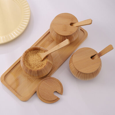 Decopatent - 4-Delige Bamboe Kruidenpot Set met Lepels en Dienblad - Luxe Specerijen Potjes met Deksel - Keuken Organizer Afm: 29.6 x 11 x 6 Cm.