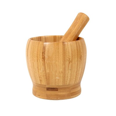 Decopatent - Bamboe Vijzel met Stamper Ø10 cm - Duurzame Houten Vijzel Set - Kruiden & Specerijen Malen - Keuken Accessoire Bamboo