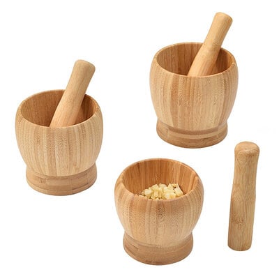 Decopatent - Bamboe Vijzel met Stamper Ø10 cm - Duurzame Houten Vijzel Set - Kruiden & Specerijen Malen - Keuken Accessoire Bamboo