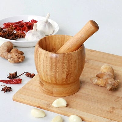 Decopatent - Bamboe Vijzel met Stamper Ø10 cm - Duurzame Houten Vijzel Set - Kruiden & Specerijen Malen - Keuken Accessoire Bamboo