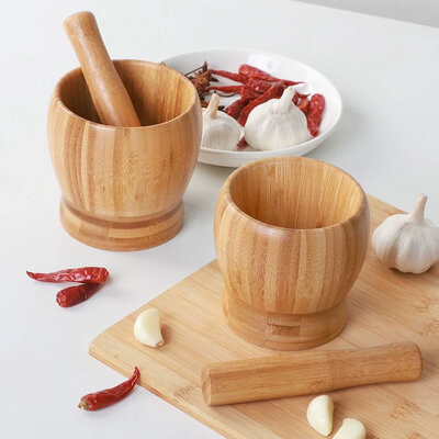 Decopatent - Bamboe Vijzel met Stamper Ø10 cm - Duurzame Houten Vijzel Set - Kruiden & Specerijen Malen - Keuken Accessoire Bamboo