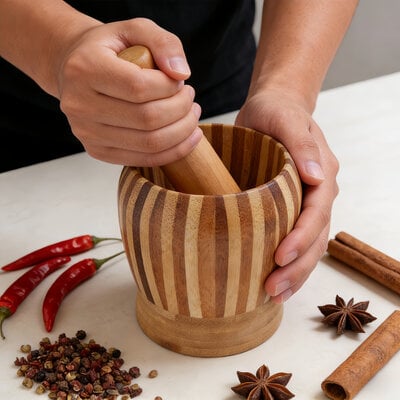 Decopatent - Bamboe Vijzel met Stamper Ø11 cm - Duurzame Houten Vijzel Set - Kruiden & Specerijen Malen - Keuken Accessoire Bamboo