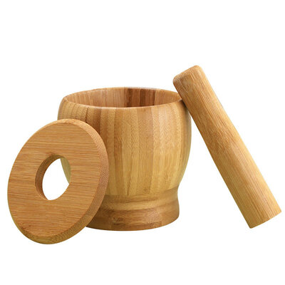 Decopatent - Bamboe Vijzel en Stamper met Deksel - Ø11.8 cm - Duurzame Houten Kruiden Vijzel - Keuken Mortier Set voor Kruiden, Specerijen & Pesto
