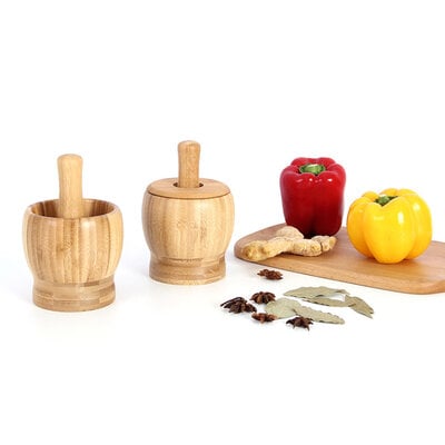 Decopatent - Bamboe Vijzel en Stamper met Deksel - Ø11.8 cm - Duurzame Houten Kruiden Vijzel - Keuken Mortier Set voor Kruiden, Specerijen & Pesto