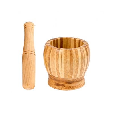 Decopatent - Bamboe Vijzel met Stamper Ø10 cm - Duurzame Houten Vijzel Set - Kruiden & Specerijen Malen - Keuken Accessoire Bamboo