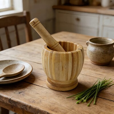 Decopatent - Bamboe Vijzel met Stamper Ø10 cm - Duurzame Houten Vijzel Set - Kruiden & Specerijen Malen - Keuken Accessoire Bamboo