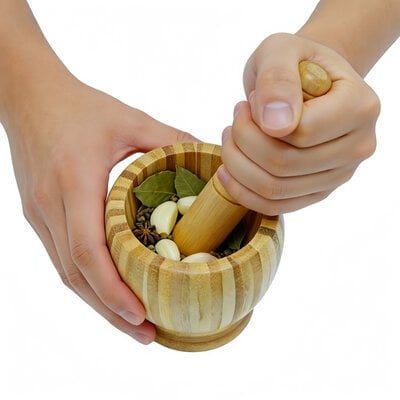 Decopatent - Bamboe Vijzel met Stamper Ø10 cm - Duurzame Houten Vijzel Set - Kruiden & Specerijen Malen - Keuken Accessoire Bamboo