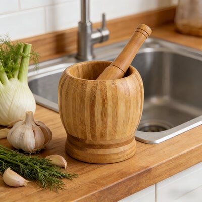 Decopatent - Bamboe Vijzel met Stamper Ø11 cm - Duurzame Houten Vijzel Set - Kruiden & Specerijen Malen - Keuken Accessoire Bamboo