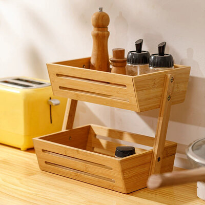 Decopatent - 2 Laags Dubbele Fruitschaal - Bamboe hout - Staande Fruitmand Etagere - Afm: 31 x 22 x 27.5 Cm.