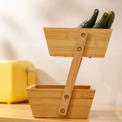 Decopatent - 2 Laags Dubbele Fruitschaal - Bamboe hout - Staande Fruitmand Etagere - Afm: 31 x 22 x 27.5 Cm.