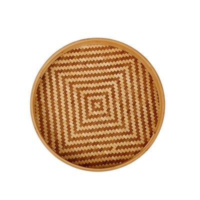 Decopatent - Bamboe Dienblad Rond - Diameter: 27 Cm - Dienblad met handvaten - Schaal - Presenteerblad - Serveerschaal - Woonaccessoires - Gevlochten Bamboe Riet - Afm: 27 x 27 x 3.8 Cm.