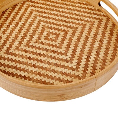 Decopatent - Bamboe Dienblad Rond - Diameter: 27 Cm - Dienblad met handvaten - Schaal - Presenteerblad - Serveerschaal - Woonaccessoires - Gevlochten Bamboe Riet - Afm: 27 x 27 x 3.8 Cm.