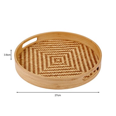 Decopatent - Bamboe Dienblad Rond - Diameter: 27 Cm - Dienblad met handvaten - Schaal - Presenteerblad - Serveerschaal - Woonaccessoires - Gevlochten Bamboe Riet - Afm: 27 x 27 x 3.8 Cm.