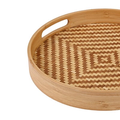 Decopatent - Bamboe Dienblad Rond - Diameter: 27 Cm - Dienblad met handvaten - Schaal - Presenteerblad - Serveerschaal - Woonaccessoires - Gevlochten Bamboe Riet - Afm: 27 x 27 x 3.8 Cm.