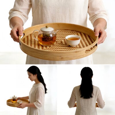 Decopatent - Bamboe Dienblad Rond - Diameter: 27 Cm - Dienblad met handvaten - Schaal - Presenteerblad - Serveerschaal - Woonaccessoires - Gevlochten Bamboe Riet - Afm: 27 x 27 x 3.8 Cm.