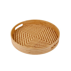Decopatent - Bamboe Dienblad Rond - Diameter: 33 Cm - Dienblad met handvaten - Schaal - Presenteerblad - Serveerschaal - Woonaccessoires - Gevlochten Bamboe Riet - Afm: 33 x 33 x 4.8 Cm.