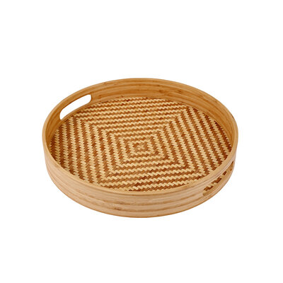 Decopatent - Bamboe Dienblad Rond - Diameter: 33 Cm - Dienblad met handvaten - Schaal - Presenteerblad - Serveerschaal - Woonaccessoires - Gevlochten Bamboe Riet - Afm: 33 x 33 x 4.8 Cm.