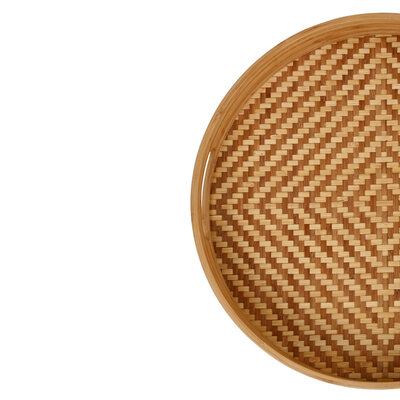 Decopatent - Bamboe Dienblad Rond - Diameter: 33 Cm - Dienblad met handvaten - Schaal - Presenteerblad - Serveerschaal - Woonaccessoires - Gevlochten Bamboe Riet - Afm: 33 x 33 x 4.8 Cm.