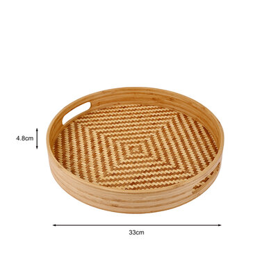 Decopatent - Bamboe Dienblad Rond - Diameter: 33 Cm - Dienblad met handvaten - Schaal - Presenteerblad - Serveerschaal - Woonaccessoires - Gevlochten Bamboe Riet - Afm: 33 x 33 x 4.8 Cm.