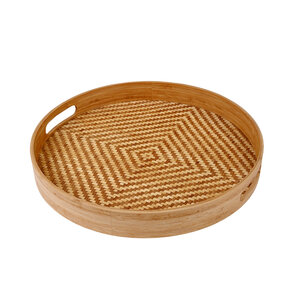 Decopatent - Bamboe Dienblad Rond - Diameter: 38 Cm - Dienblad met handvaten - Schaal - Presenteerblad - Serveerschaal - Woonaccessoires - Gevlochten Bamboe Riet - Afm: 38 x 38 x 5 Cm.