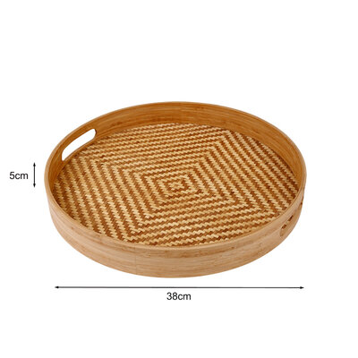 Decopatent - Bamboe Dienblad Rond - Diameter: 38 Cm - Dienblad met handvaten - Schaal - Presenteerblad - Serveerschaal - Woonaccessoires - Gevlochten Bamboe Riet - Afm: 38 x 38 x 5 Cm.
