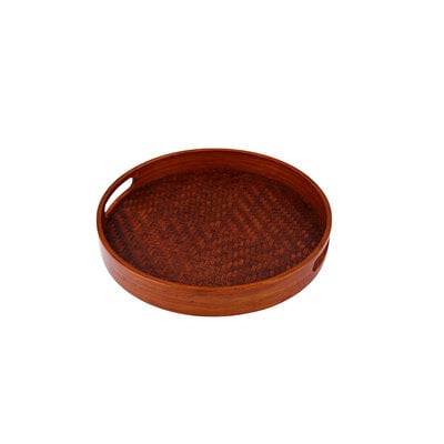 Decopatent - Bamboe Dienblad Rond - Diameter: 27 Cm - Dienblad met handvaten - Schaal - Presenteerblad - Serveerschaal - Woonaccessoires - Gevlochten Donker Bamboe Riet - Afm: 27 x 27 x 3.8 Cm.